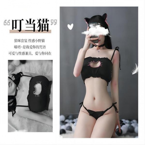 史黛絲 三點(diǎn)式貓女露乳情趣內(nèi)衣套裝 黑白